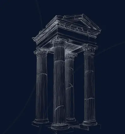 A line drawing of classical columns on deep blue